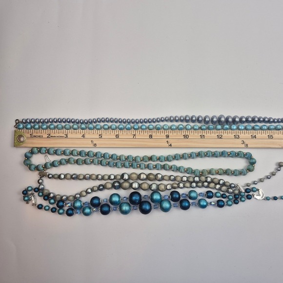 Vtg Beaded Necklace Lot 5pc Blue Green Japan Marked Faux Pearl Velvet Layering - Picture 11 of 16